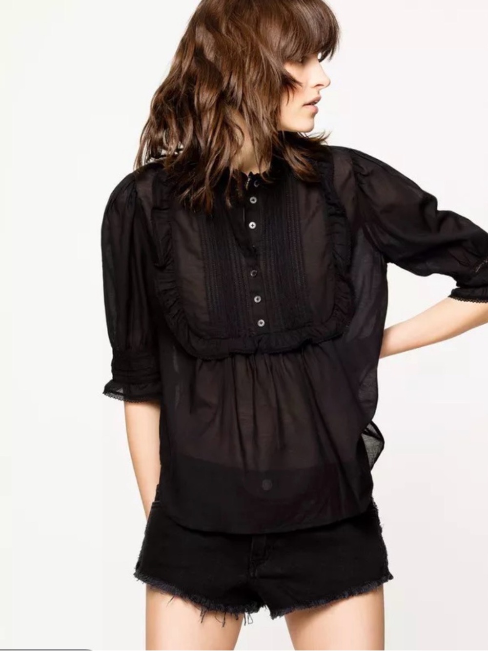 Zadig & Voltaire Trix Lace Pleated Ruffled Boho Black Semi Sheer Top Blouse M.